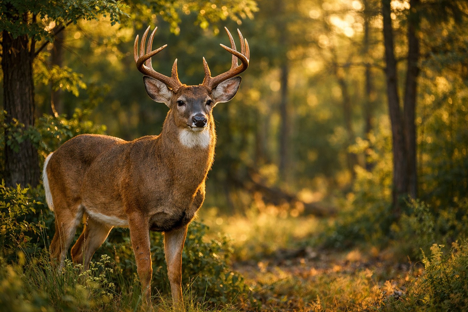 A mature wild deer standing alert in a sunlit forest surrounded by trees and green foliage.
