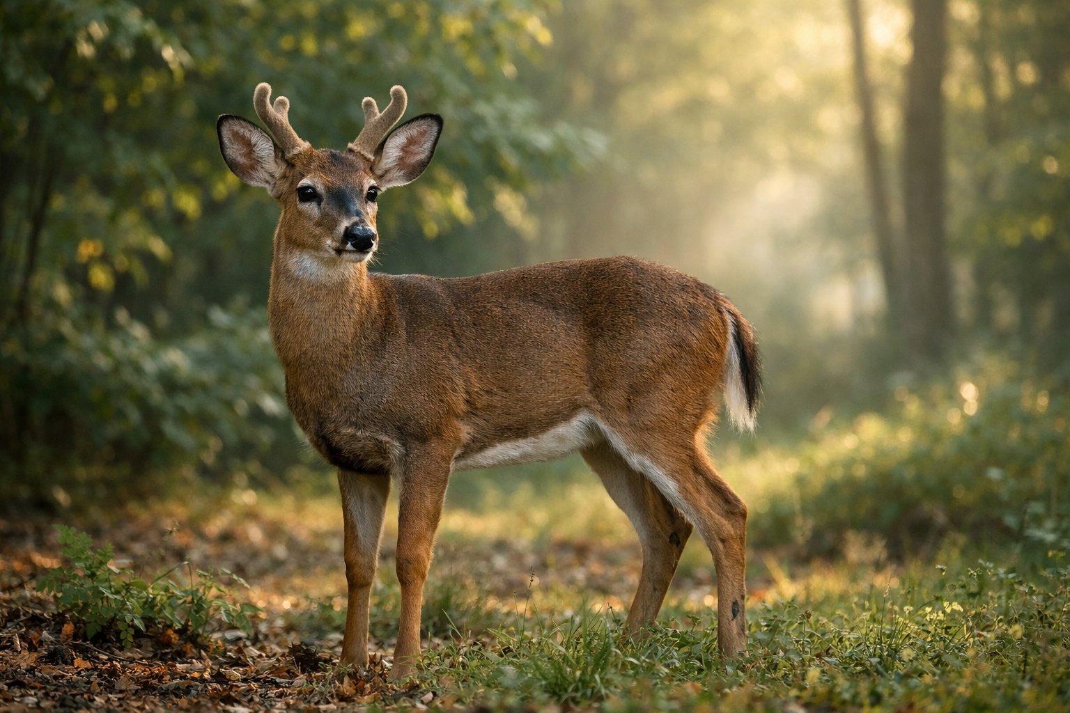 A small male deer with short antlers standing in a green forest with sunlight filtering through the trees.