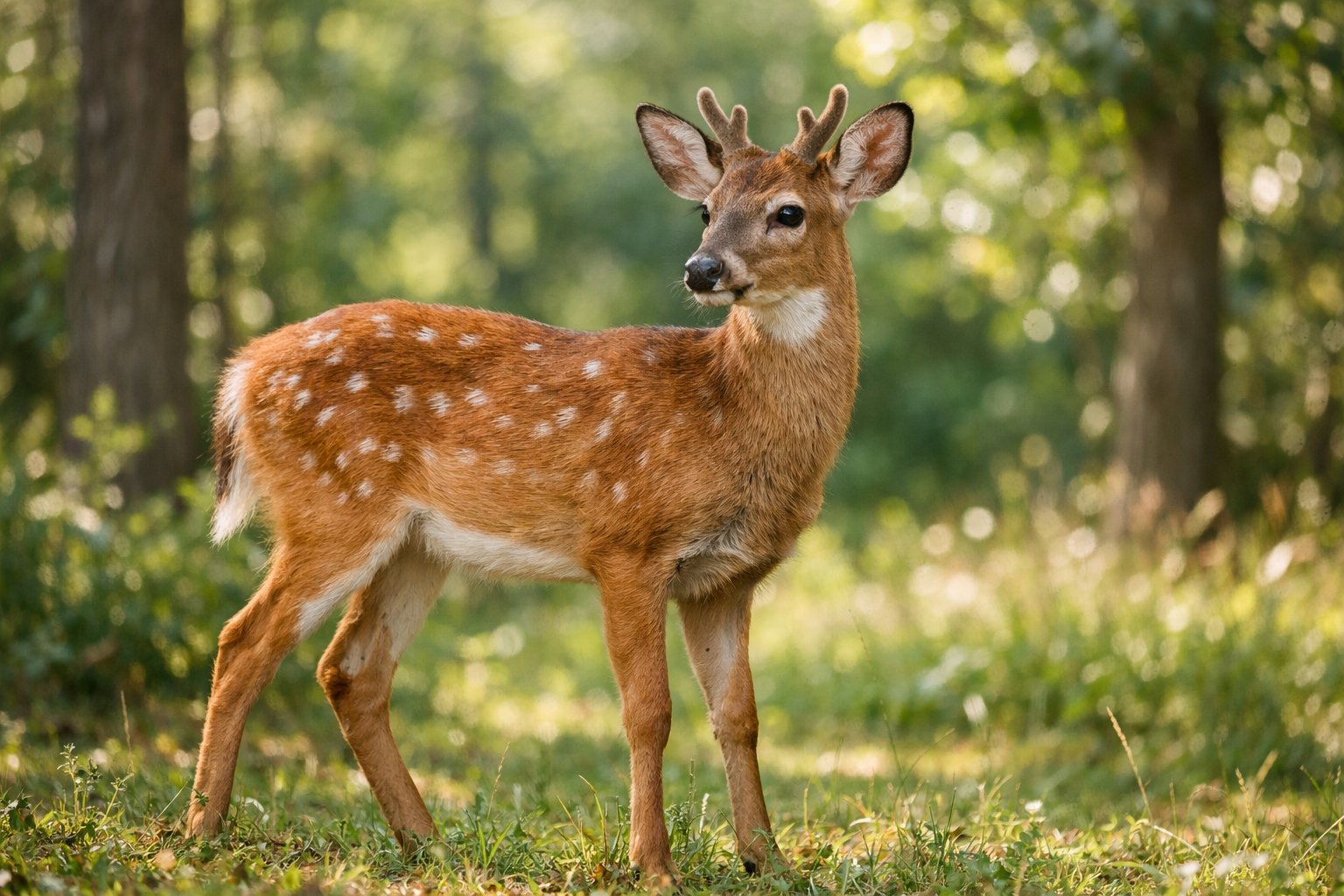 A small male deer with budding antlers standing in a sunlit forest clearing surrounded by green trees and foliage.