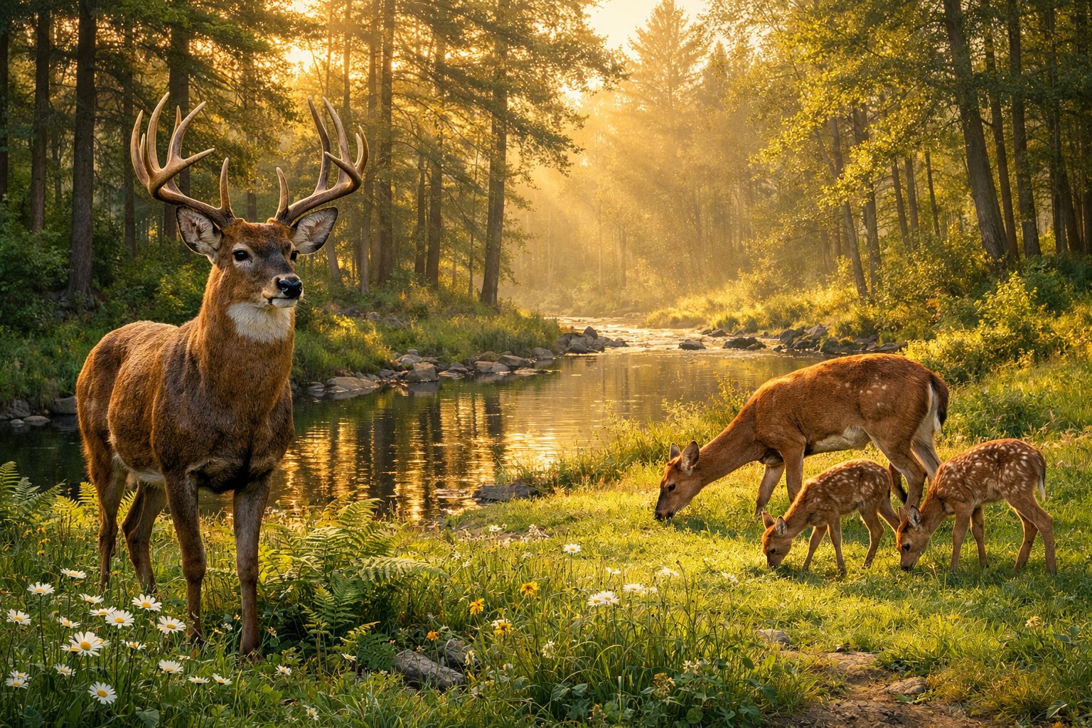 A group of deer standing and grazing in a forest clearing near a stream at sunrise.