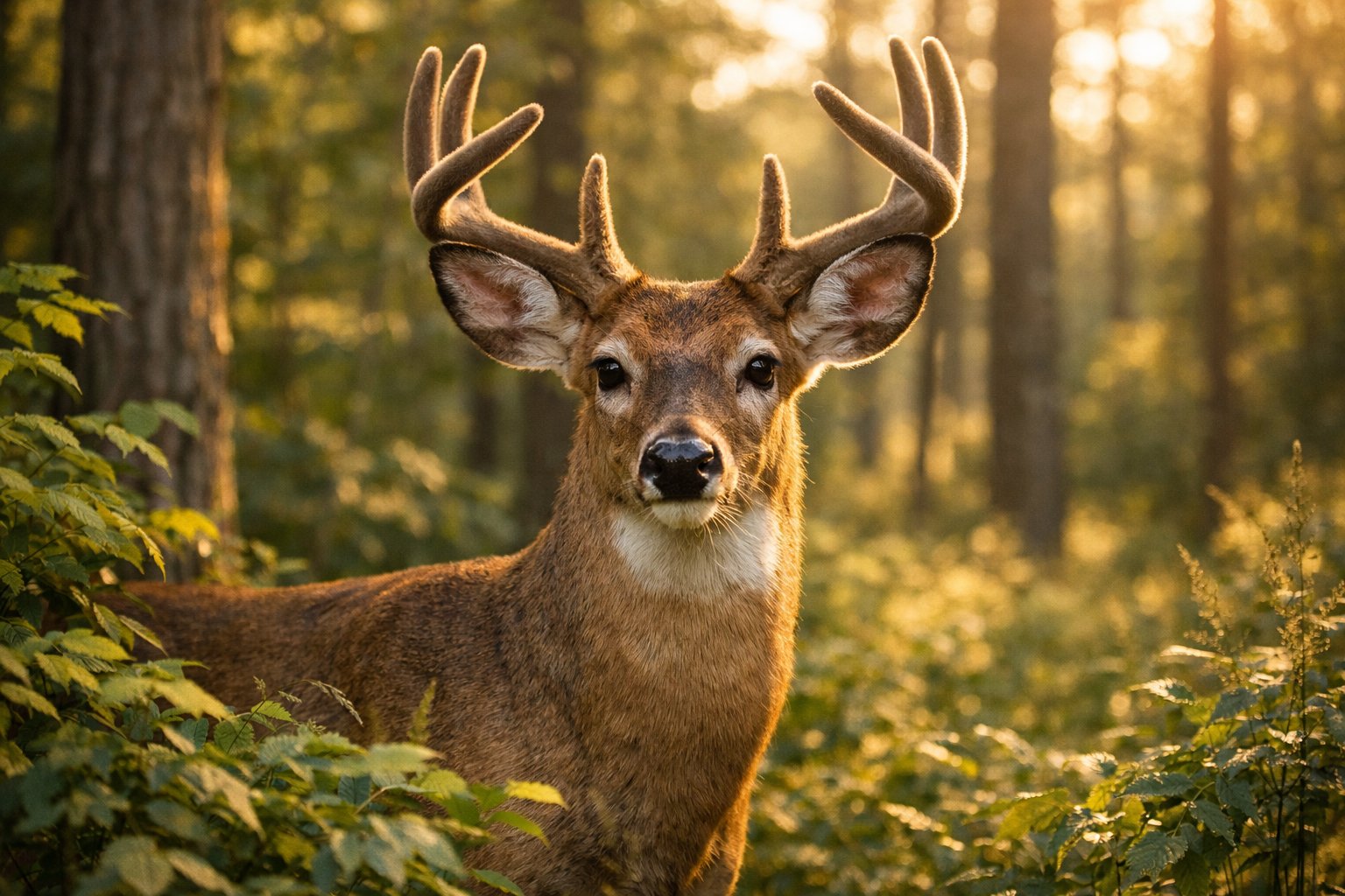 A close-up of a deer standing in a sunlit forest, looking alert and attentive among green trees and plants.