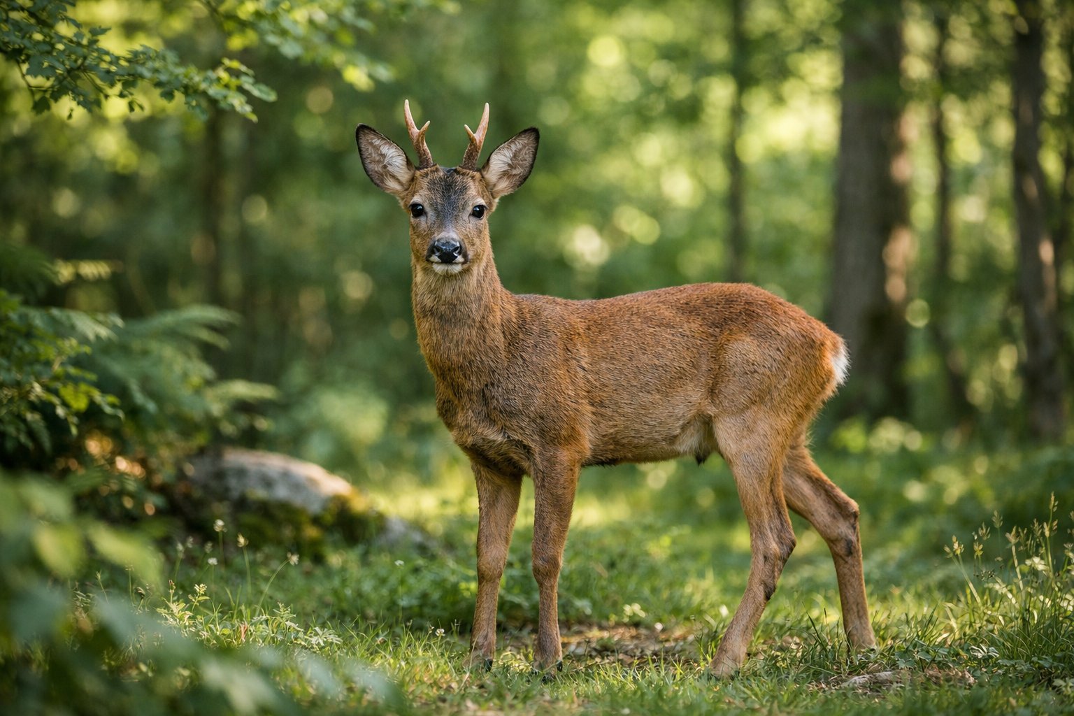 A young male deer with small antlers standing in a sunlit forest clearing surrounded by green trees.