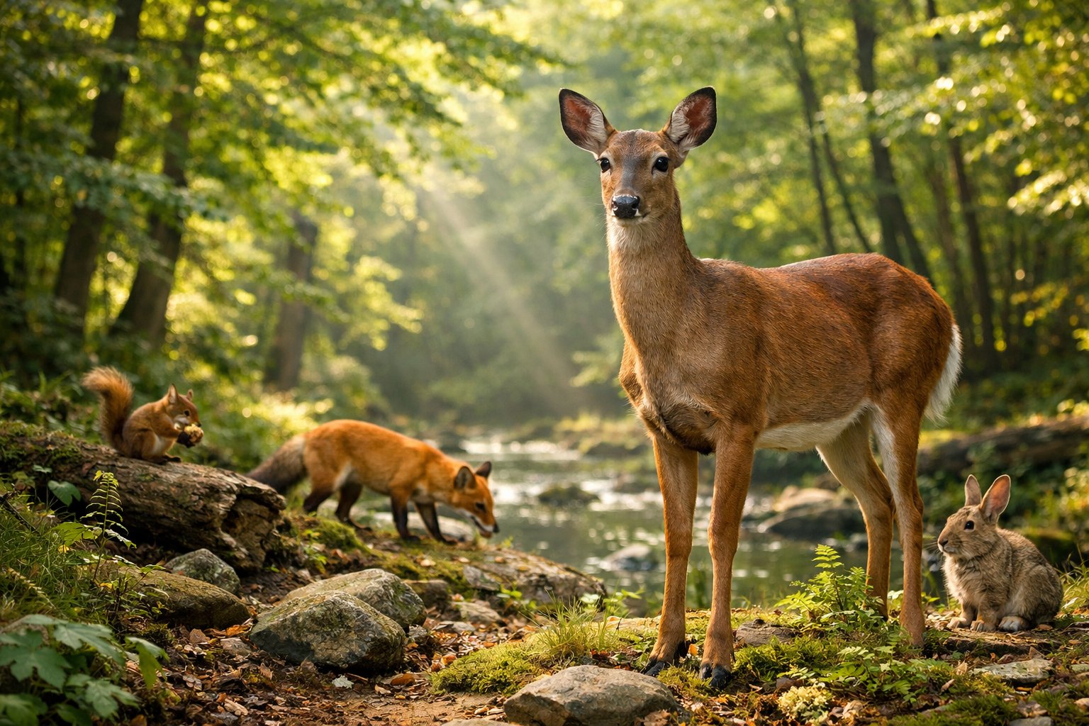 A deer standing alert in a forest surrounded by a fox, a squirrel, and a rabbit among green trees with sunlight filtering through.