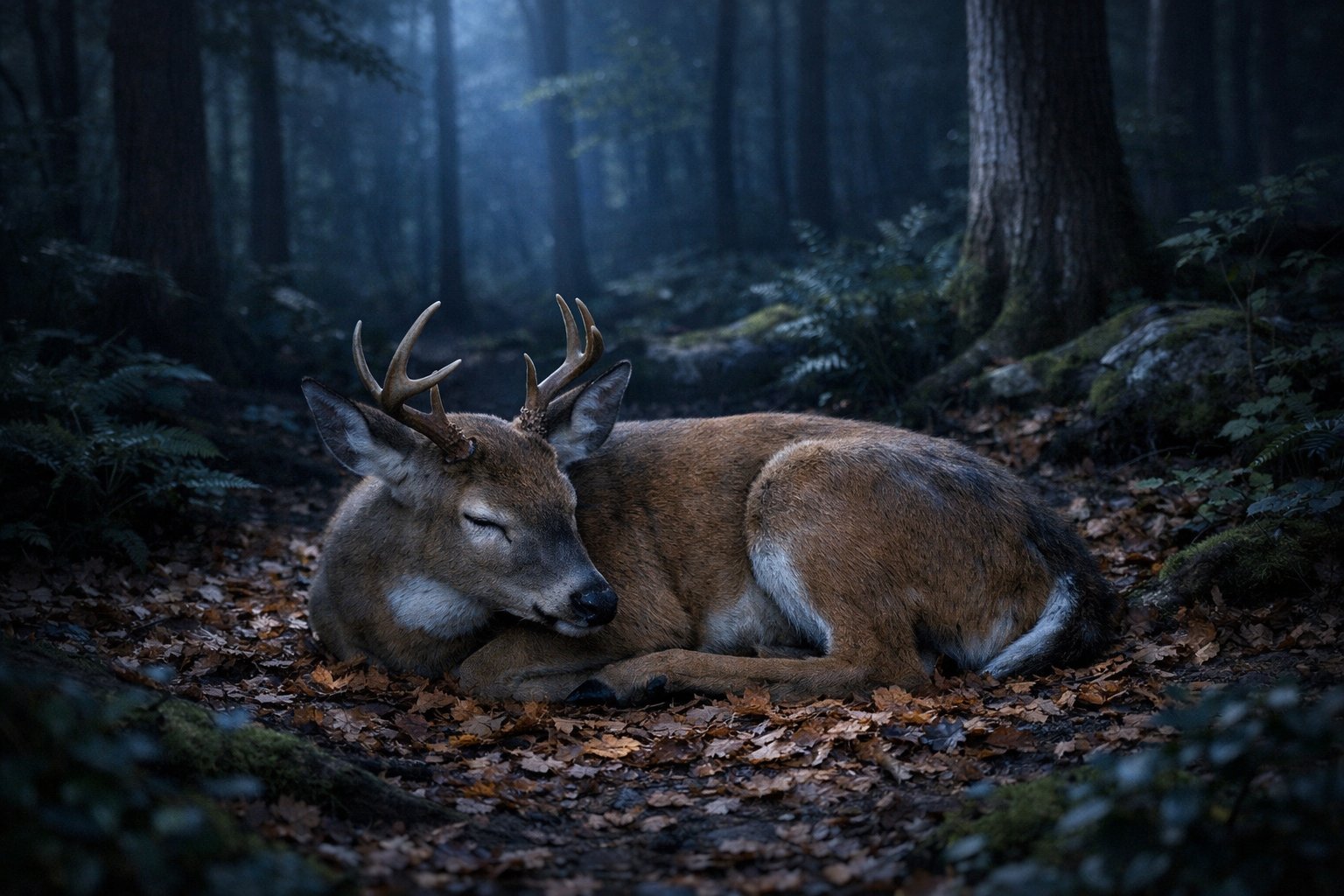 A deer sleeping quietly on the forest floor at night under moonlight.