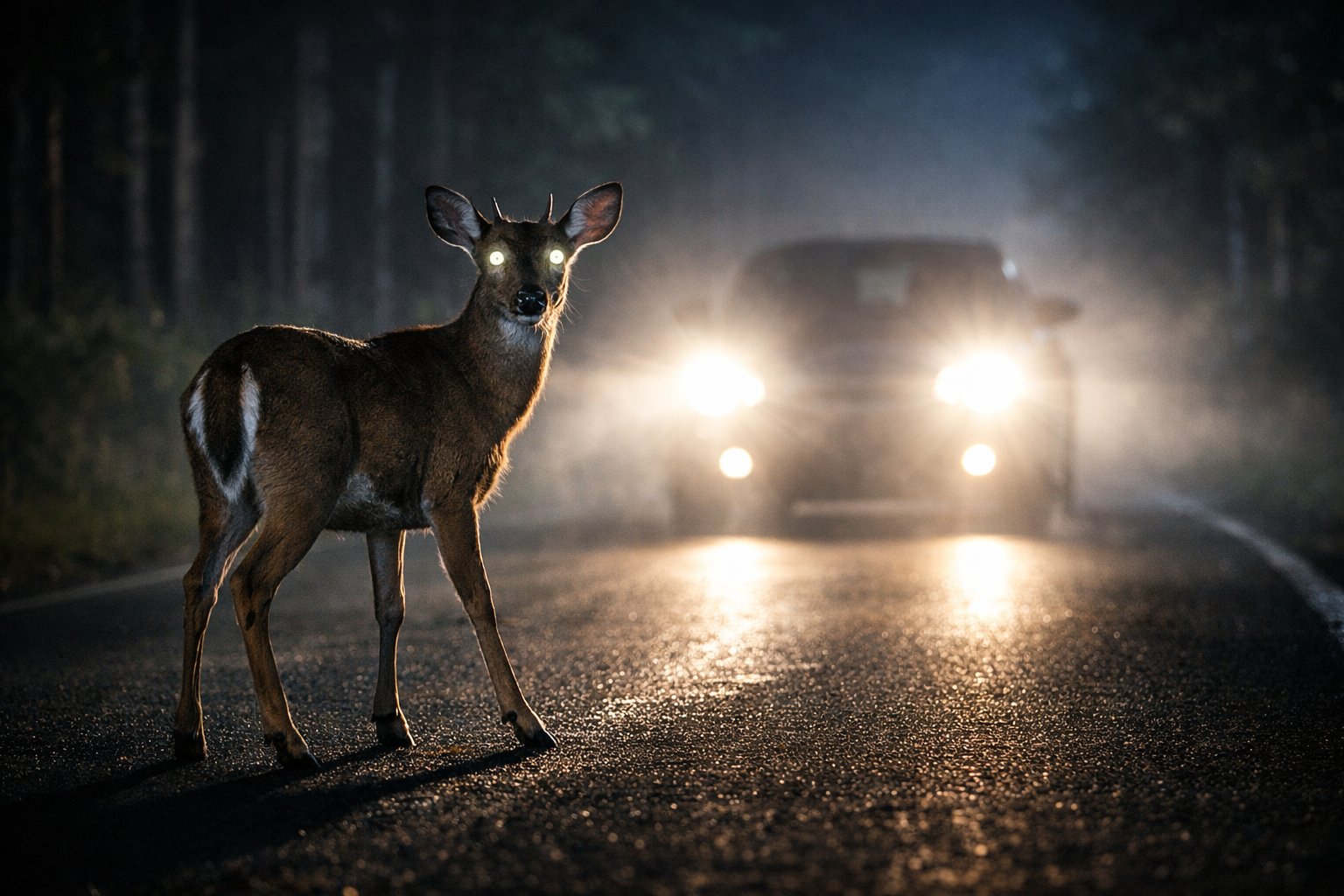 A deer standing frozen on a dark road at night, illuminated by bright car headlights with a forest in the background.