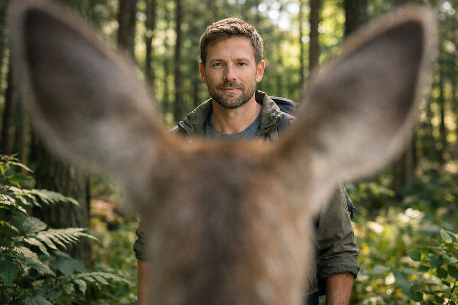 View from a deer's perspective looking at a person standing calmly in a forest surrounded by trees and greenery.