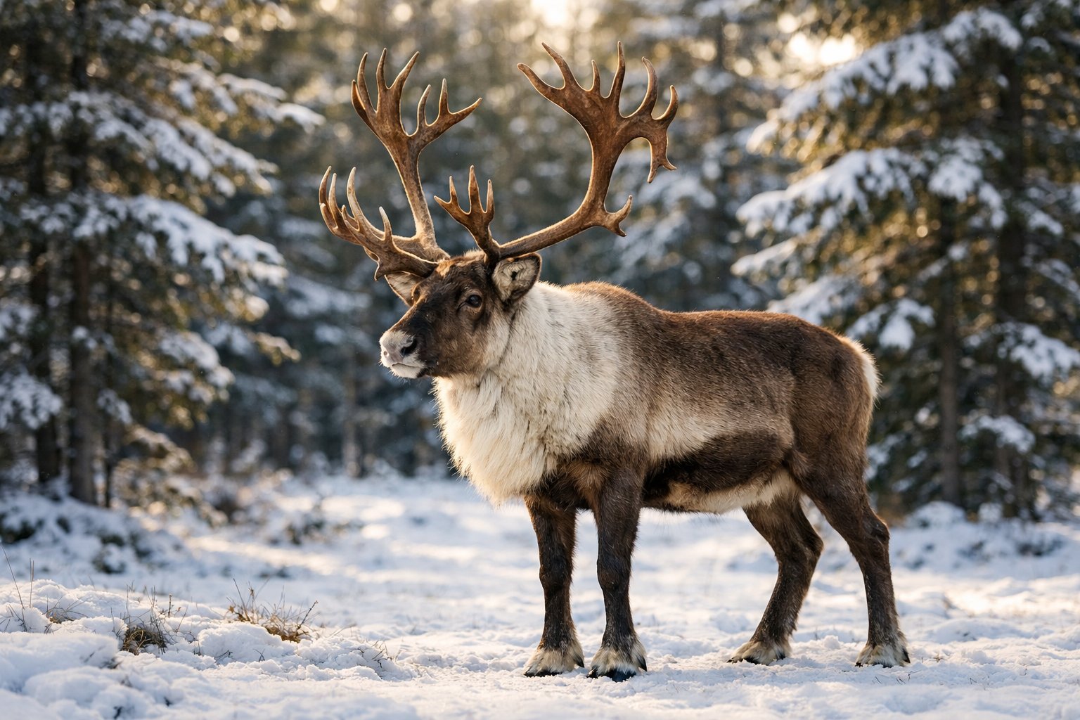 A reindeer standing in a snowy forest clearing with tall evergreen trees in the background.