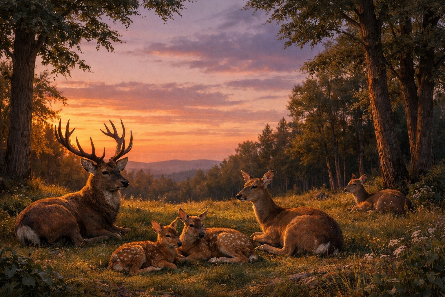 Deer resting peacefully in a forest clearing at dusk with soft twilight colors in the sky.