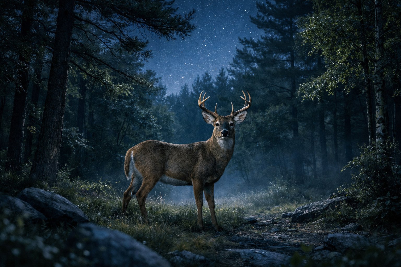 A deer standing quietly in a forest at night with moonlight shining through the trees.