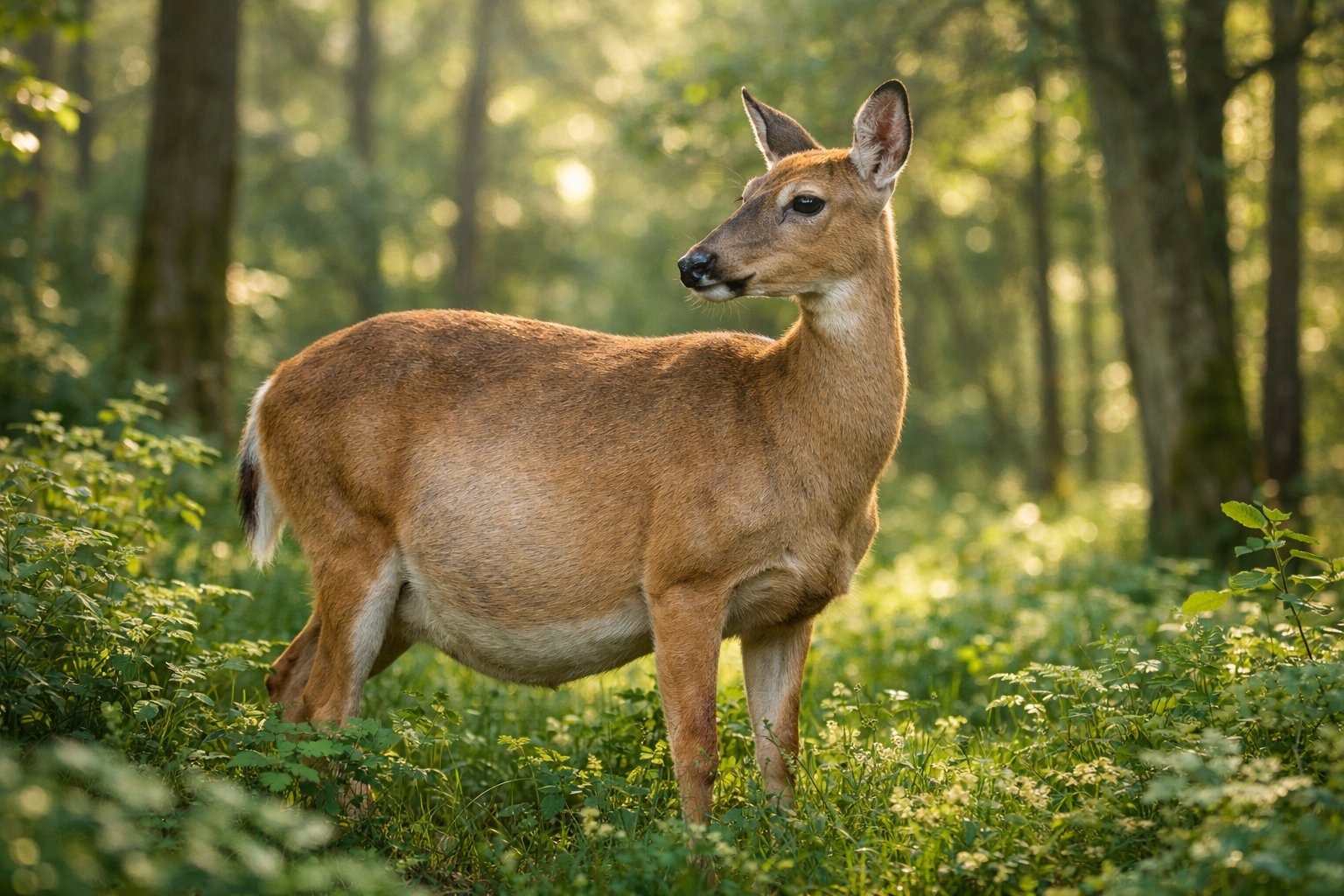 A female deer standing calmly in a sunlit forest surrounded by green foliage.