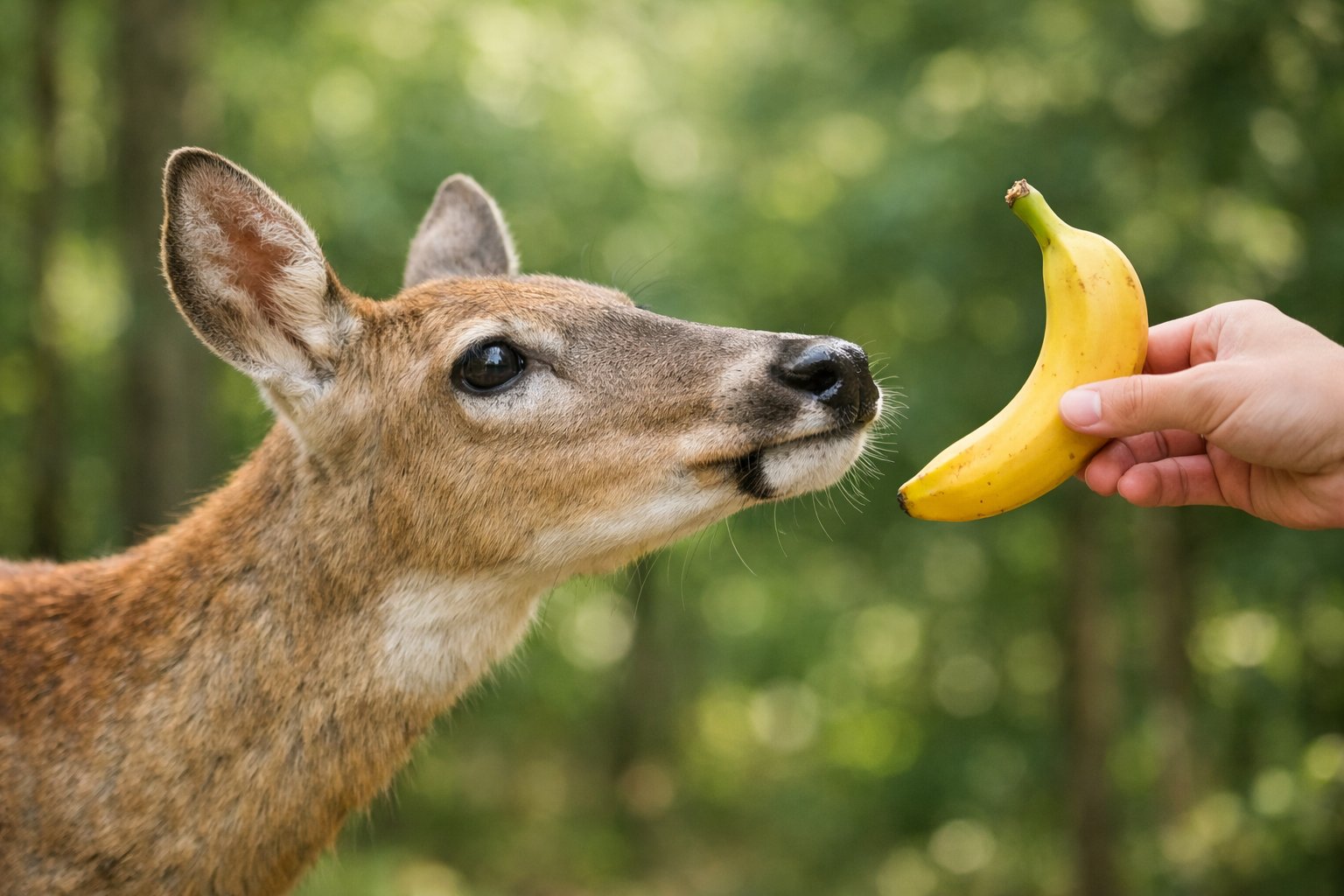 A deer reaching towards a banana held by a human hand in a forest.
