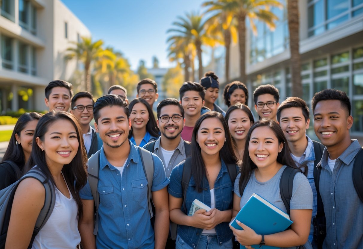 A diverse group of university students smiling and interacting outdoors on a sunny university campus with modern buildings and palm trees in the background.