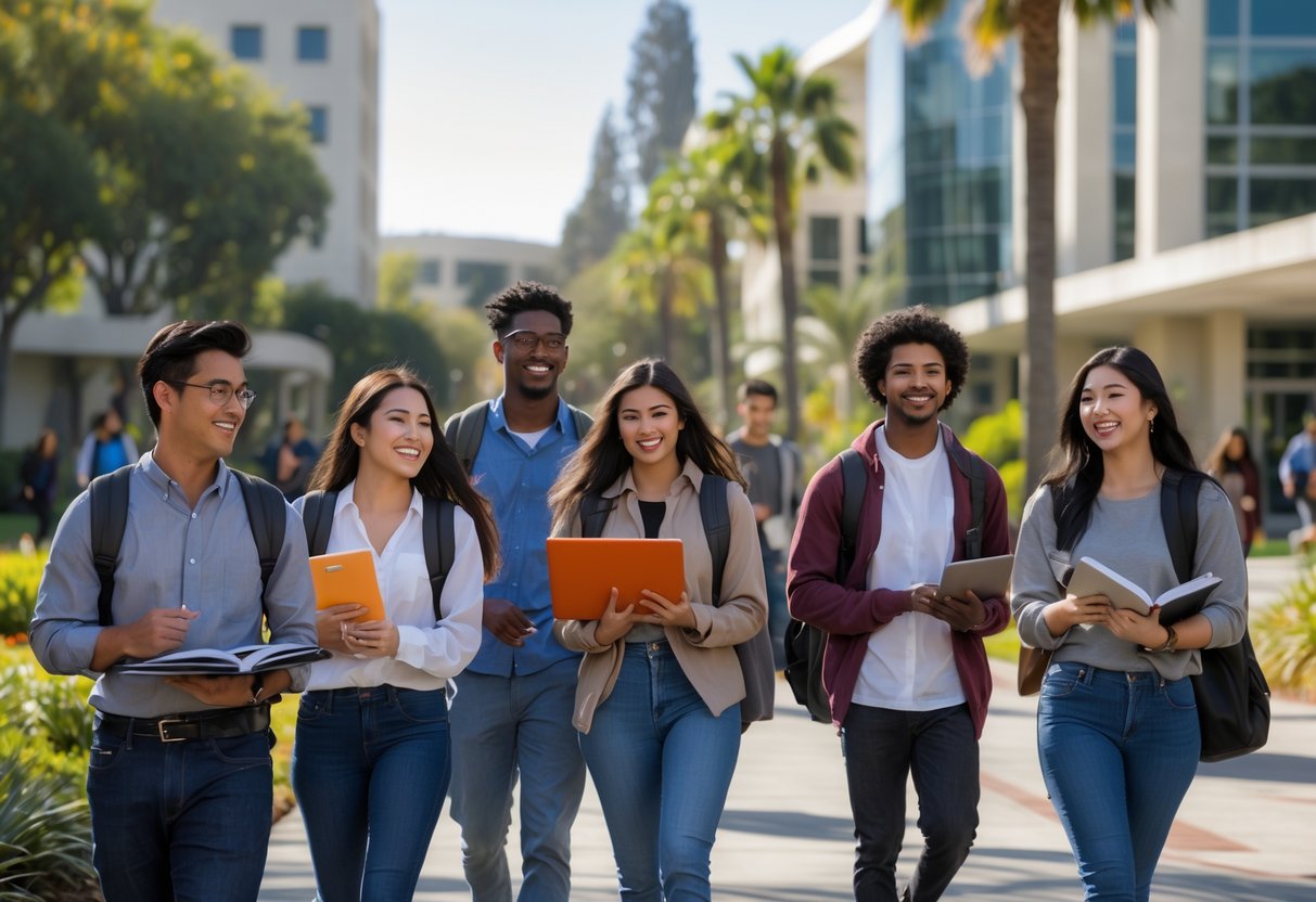 A group of diverse undergraduate students studying and walking on the University of California at San Diego campus on a sunny day.