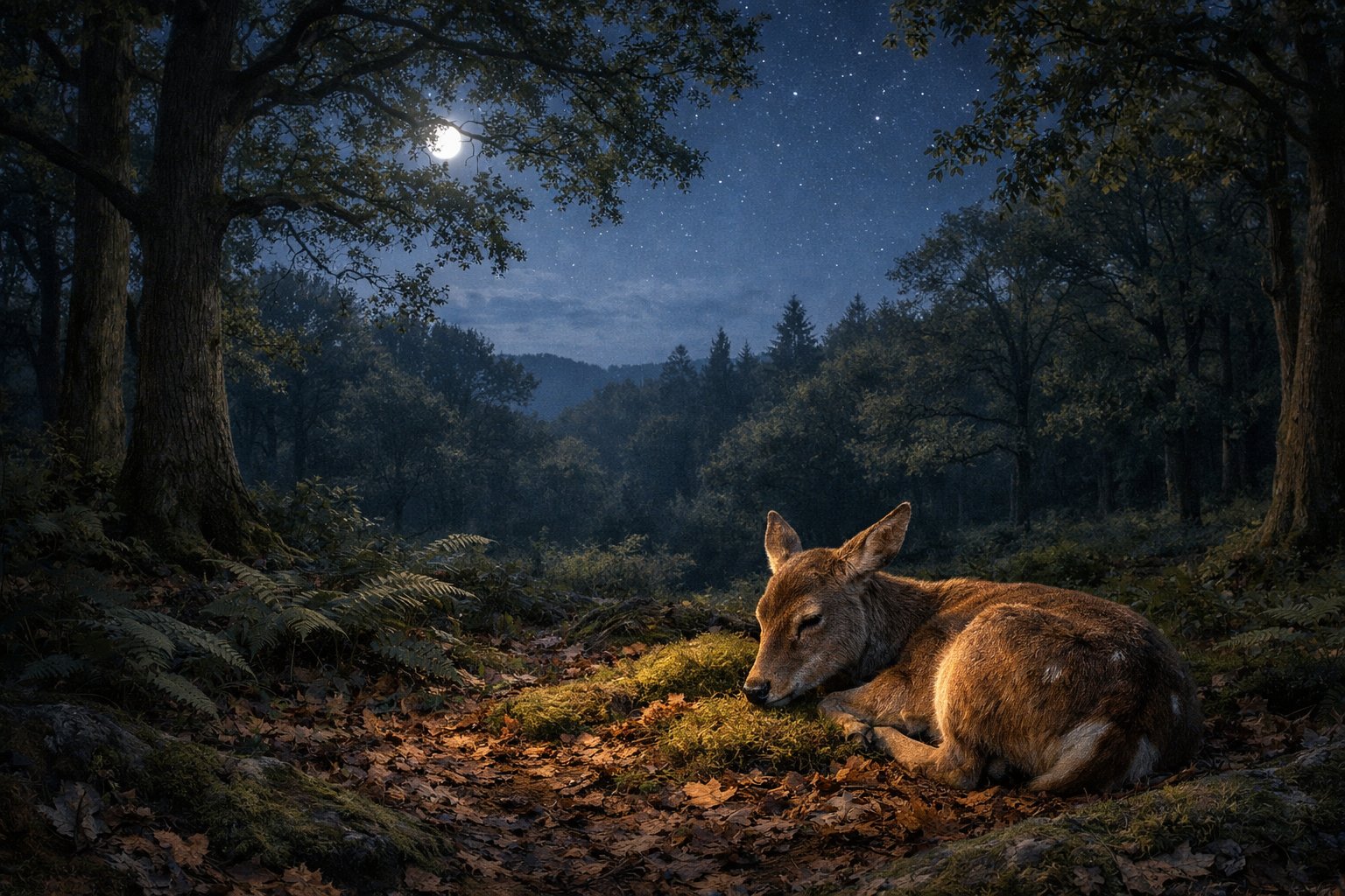 A deer resting on the forest floor at night surrounded by trees and moonlight.
