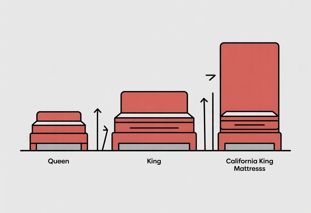 Three simple mattress shapes side by side showing the size differences between Queen, King, and California King mattresses.