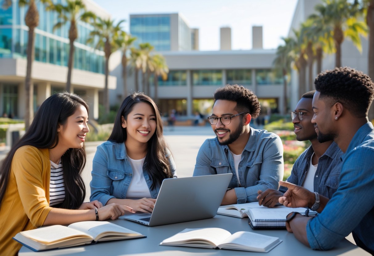 A group of diverse graduate students studying together outdoors on a university campus with modern buildings and palm trees in the background.