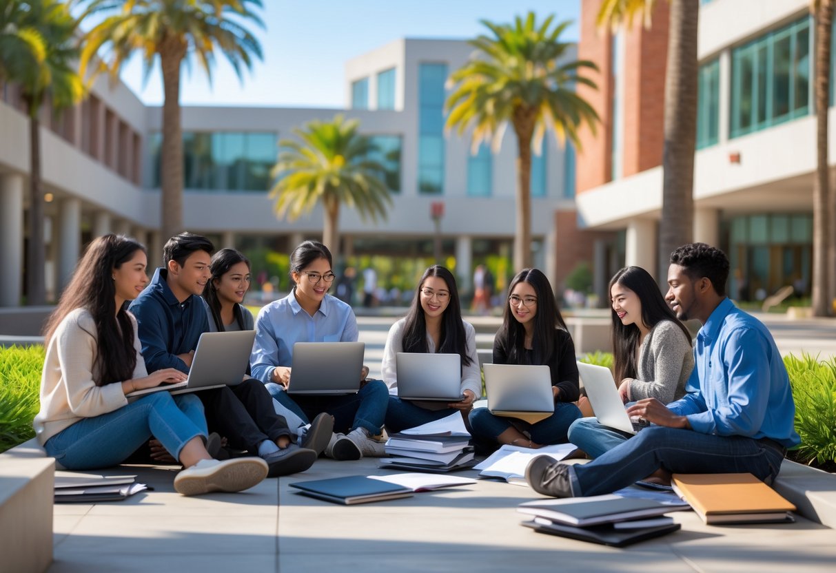 A diverse group of graduate students studying and collaborating outdoors on a university campus with modern buildings and greenery.