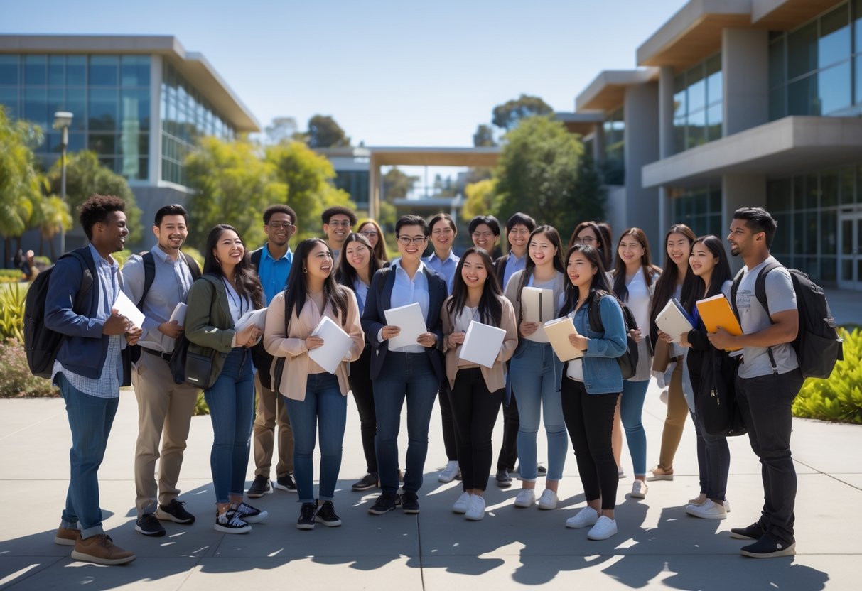 A group of diverse university students smiling and talking outdoors on a sunny campus with modern buildings and greenery in the background.