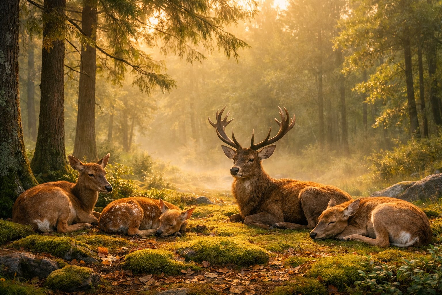 A group of deer resting quietly on moss and leaves in a peaceful forest clearing at dawn.