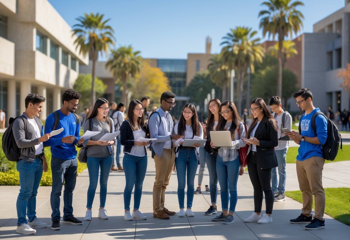 A group of diverse college students studying and collaborating outdoors on the UC San Diego campus with modern buildings and palm trees in the background.