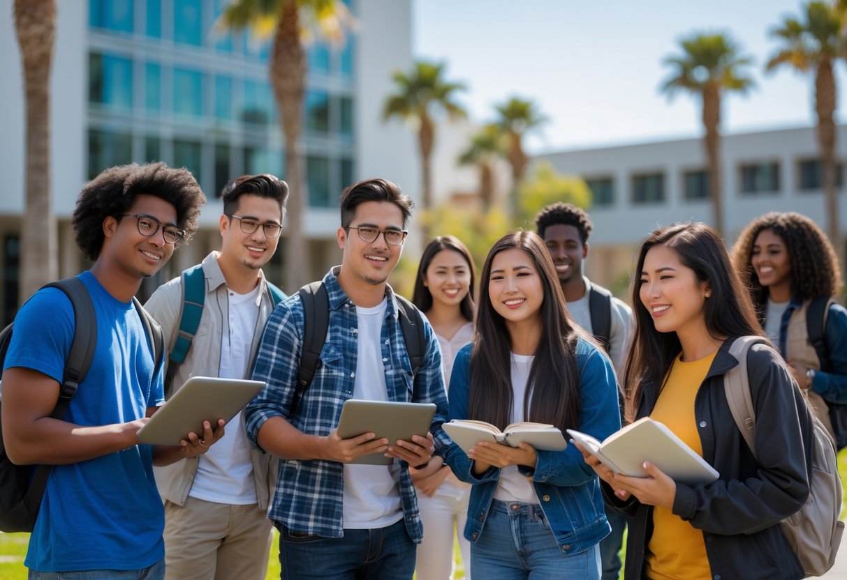 A diverse group of college students studying and talking outdoors on a sunny university campus with modern buildings and palm trees.