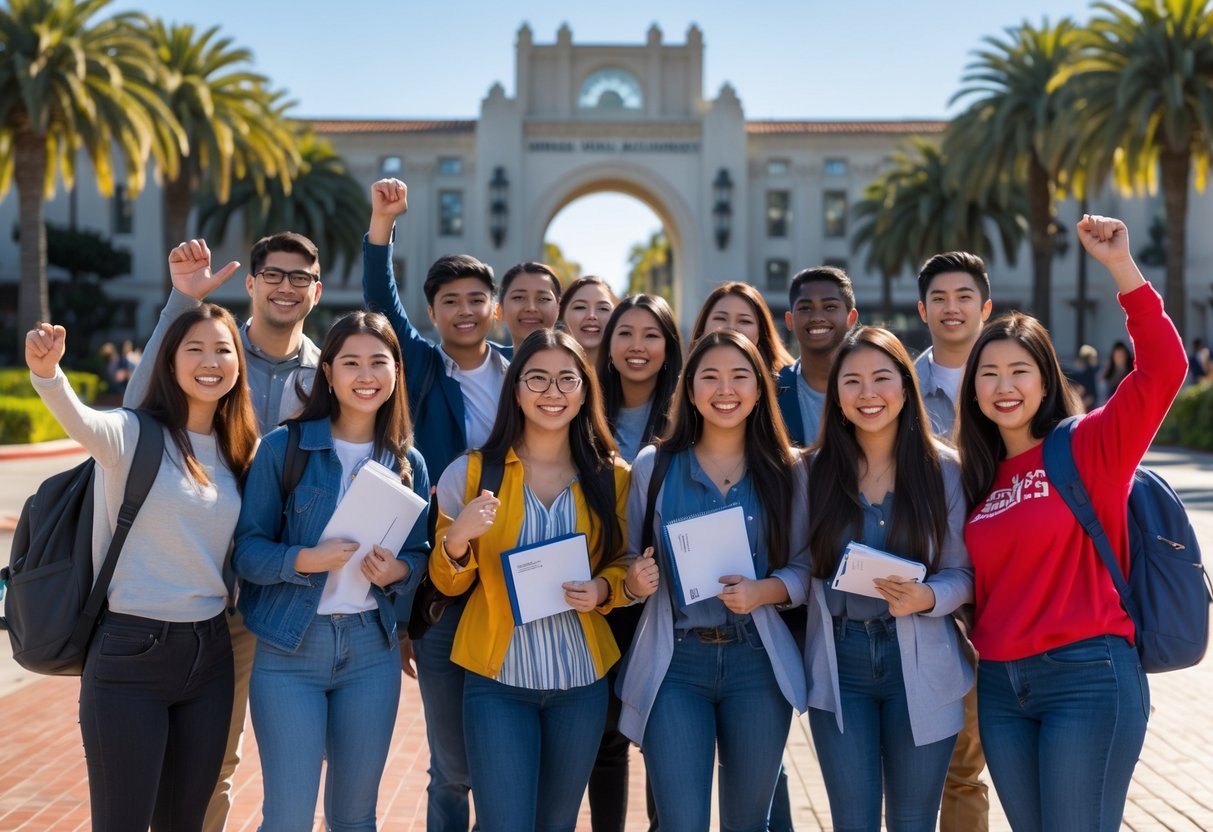 A group of diverse college students smiling and celebrating on a university campus with palm trees and buildings in the background.