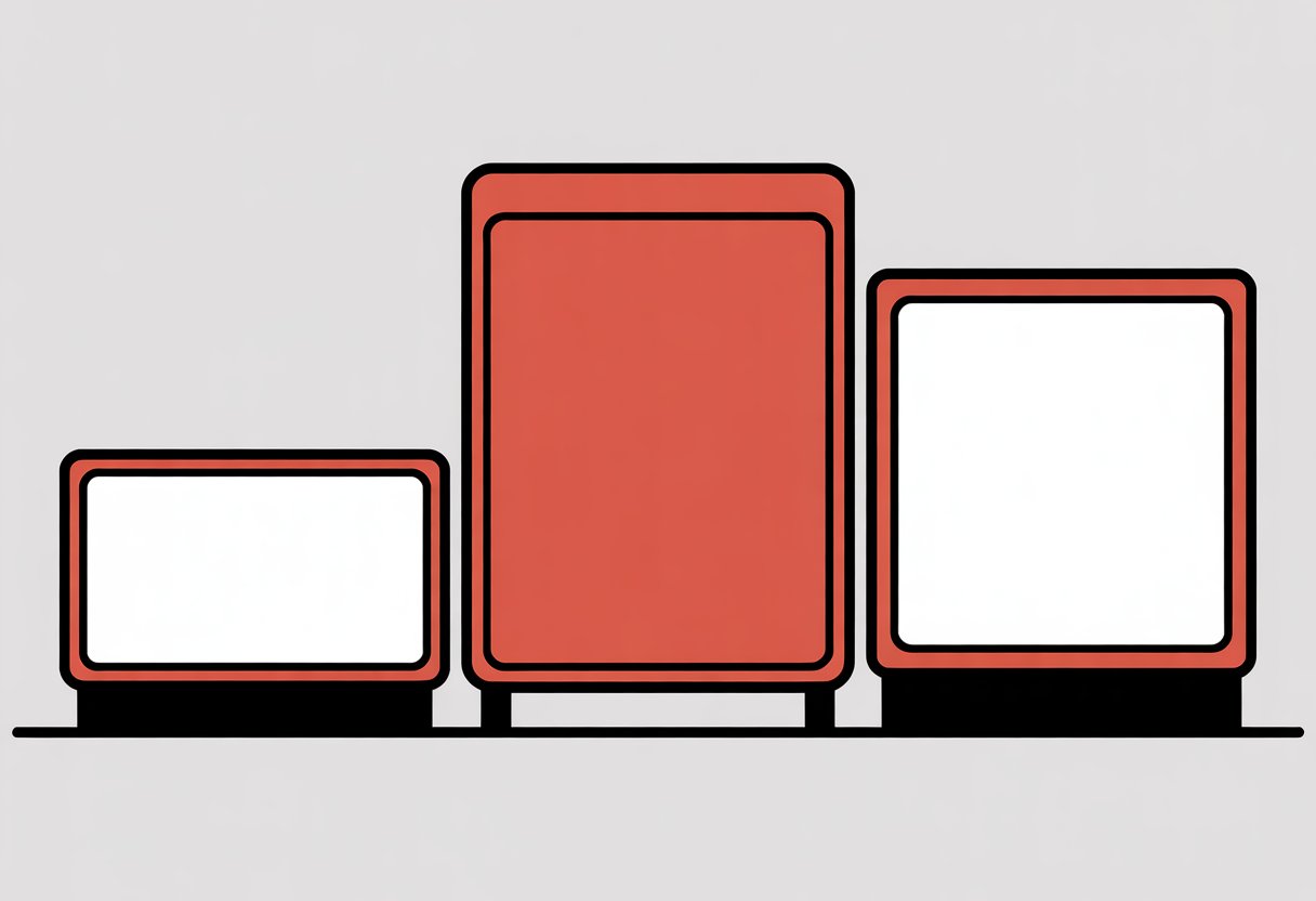 Three simple mattress shapes side by side showing the size differences between Queen, King, and California King mattresses.