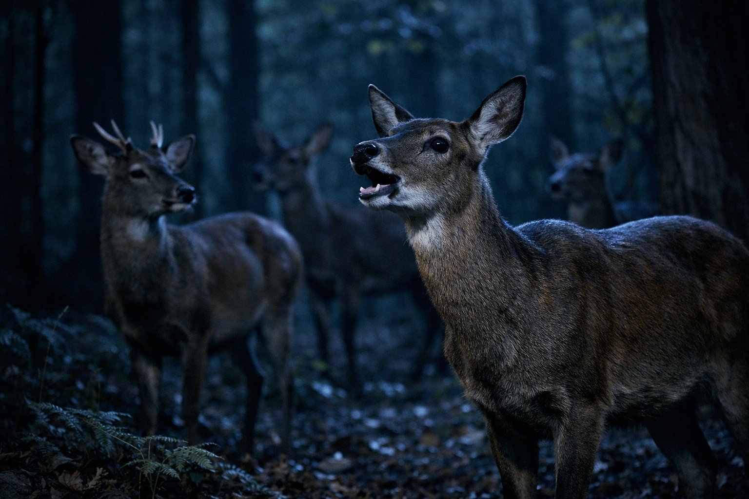 A group of deer in a dark forest at night, with one deer appearing to bark or call out.