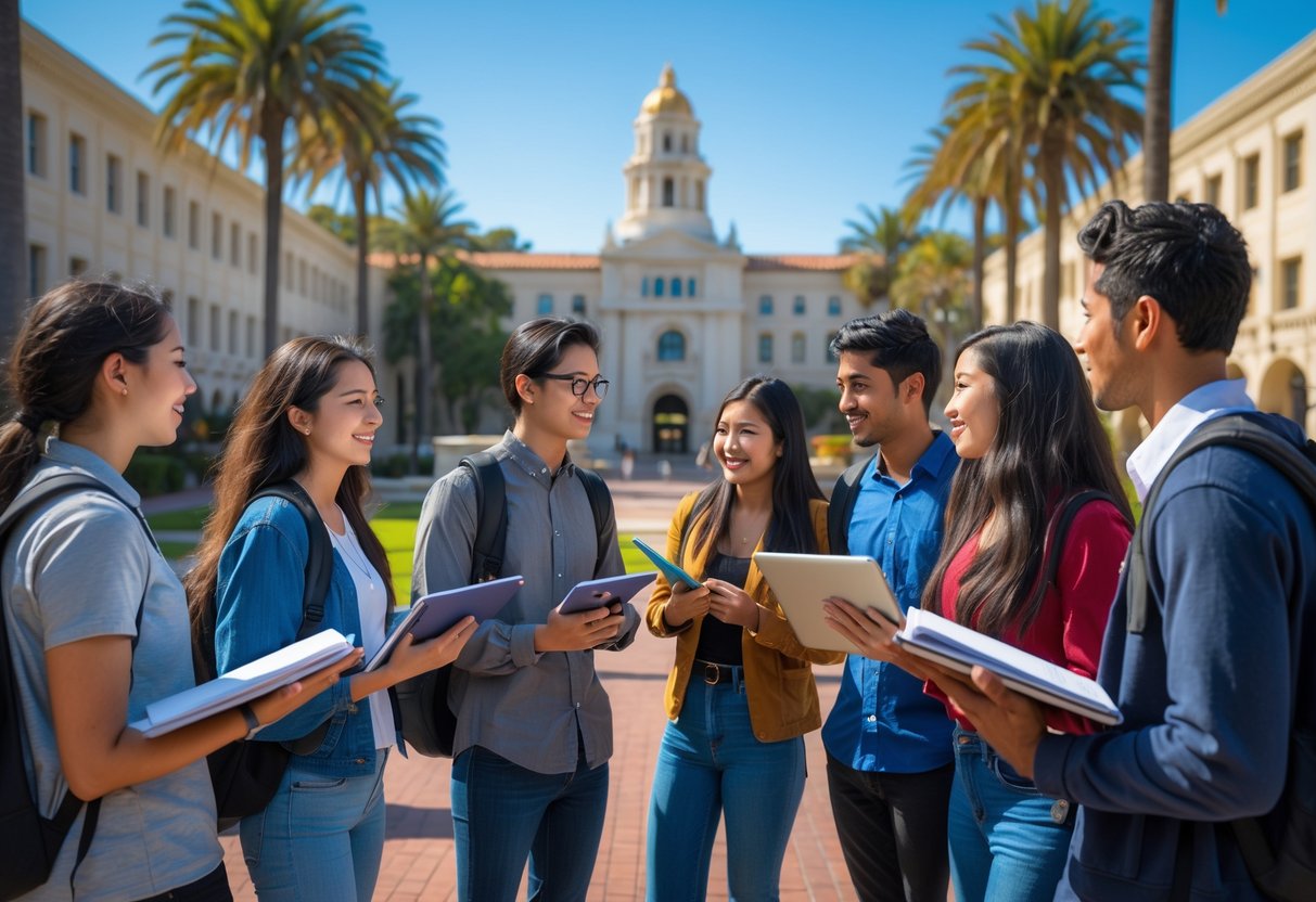 A diverse group of international students studying and discussing together outside on a university campus with buildings and palm trees in the background.