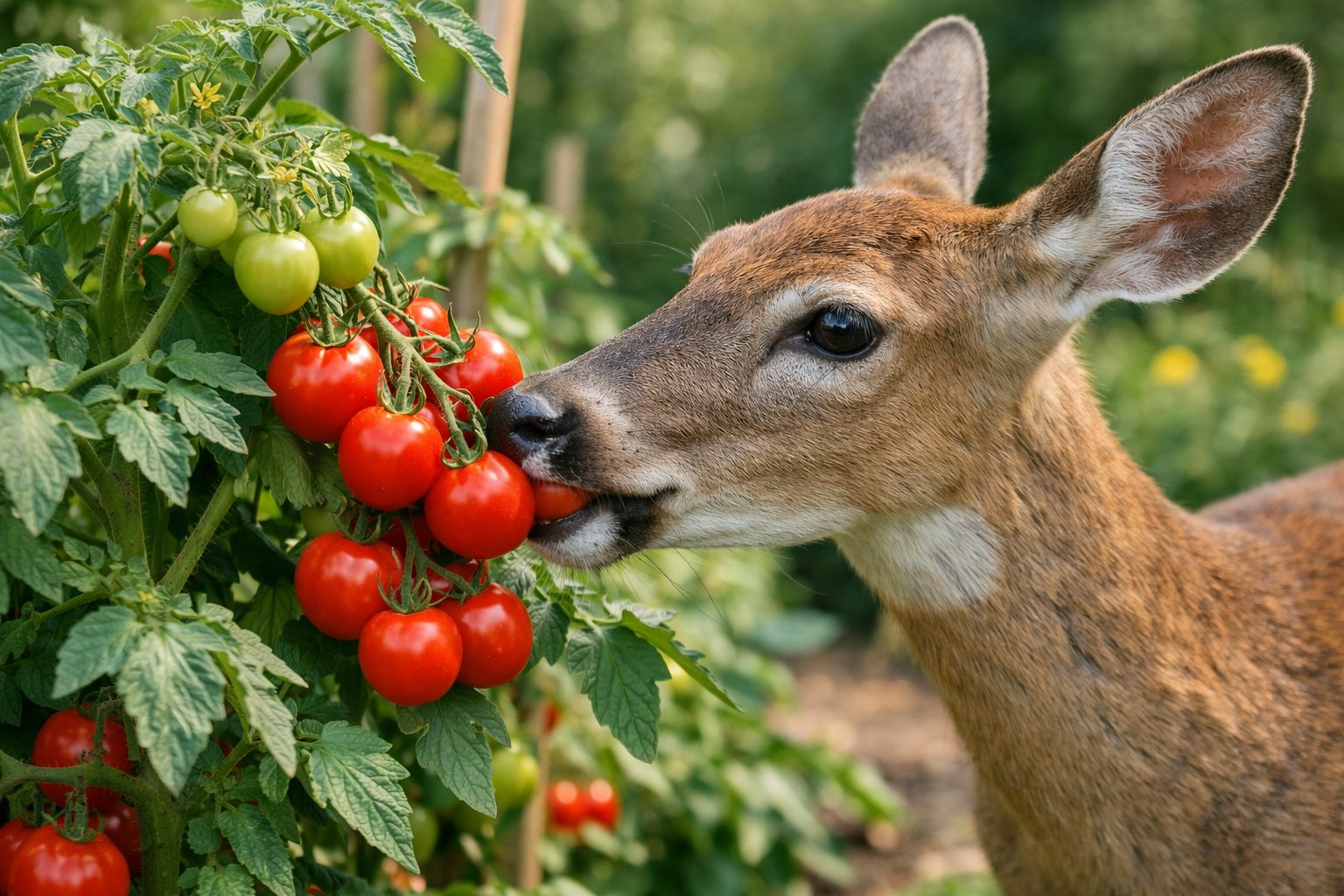 A deer nibbling on ripe red tomatoes growing on a tomato plant in a garden.