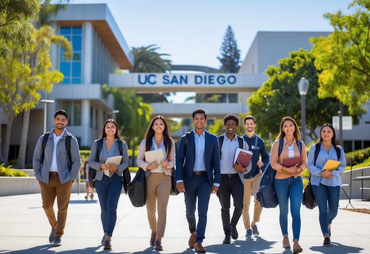 A diverse group of graduate students walking on a university campus with modern buildings and trees in the background.