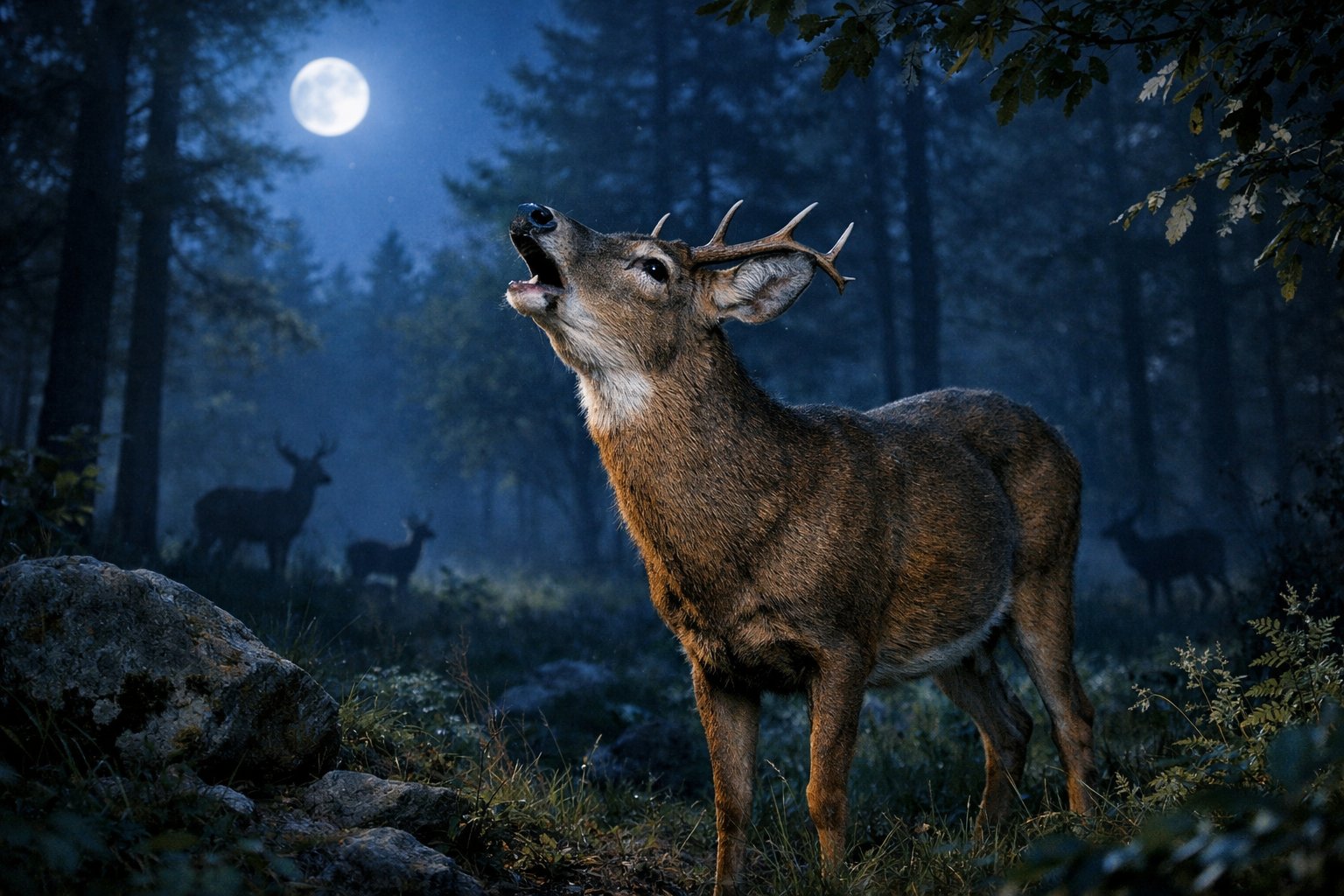 A deer standing in a forest at night with its mouth open as if barking, surrounded by trees under a moonlit sky.