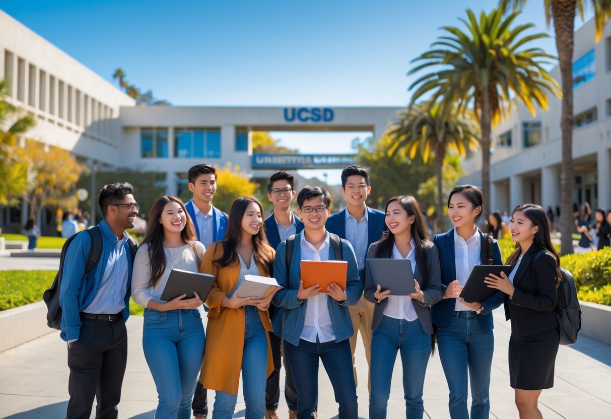 A diverse group of university students smiling and talking outdoors on a sunny day at a university campus with modern buildings and palm trees.