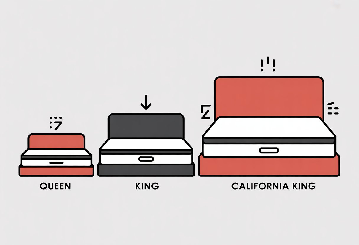 Three simplified mattress outlines side by side representing Queen, King, and California King sizes, each in different solid colours, shown for size comparison.