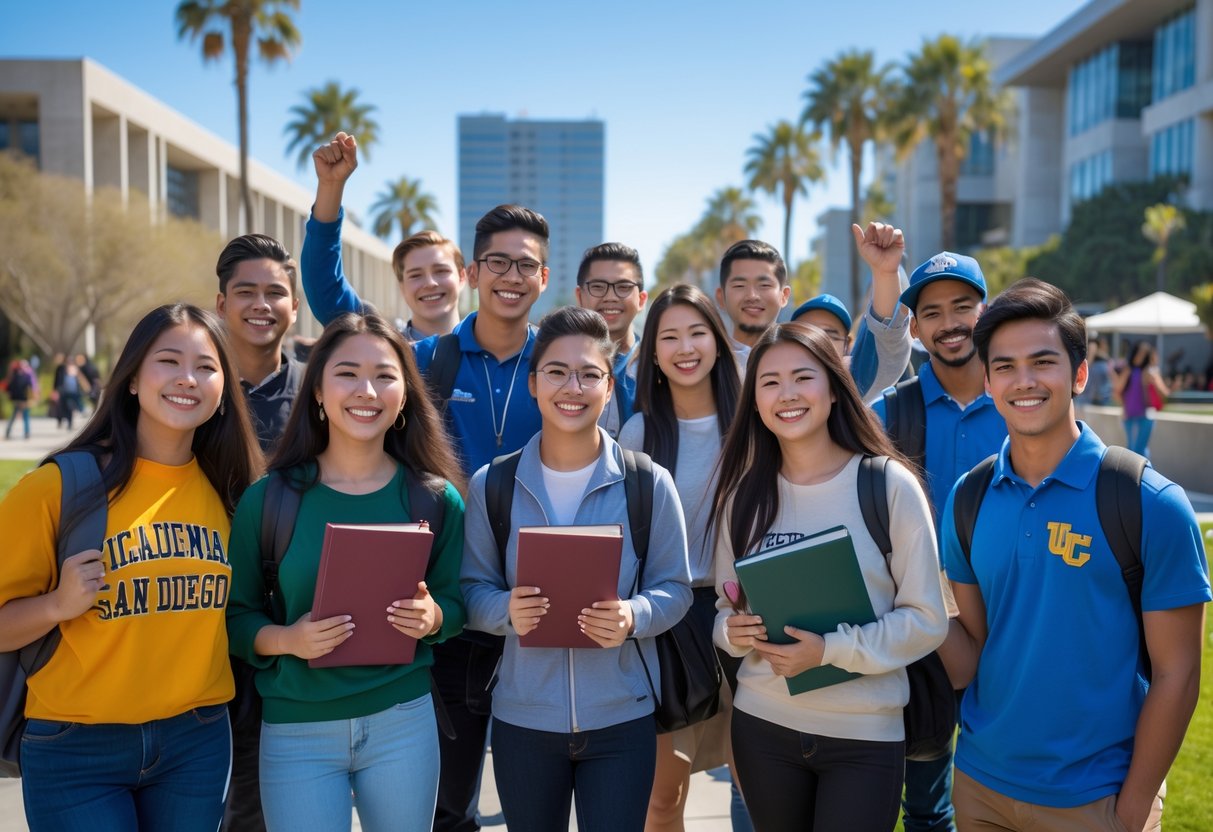 A diverse group of university students smiling and celebrating outdoors on a sunny day at a university campus with buildings and palm trees in the background.