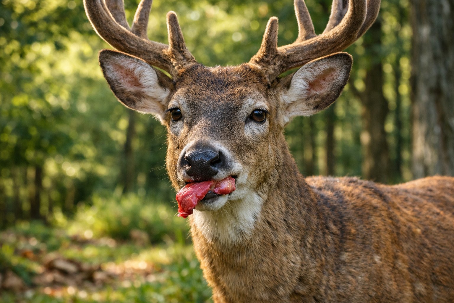 A deer standing in a forest clearing with a small piece of raw meat near its mouth.