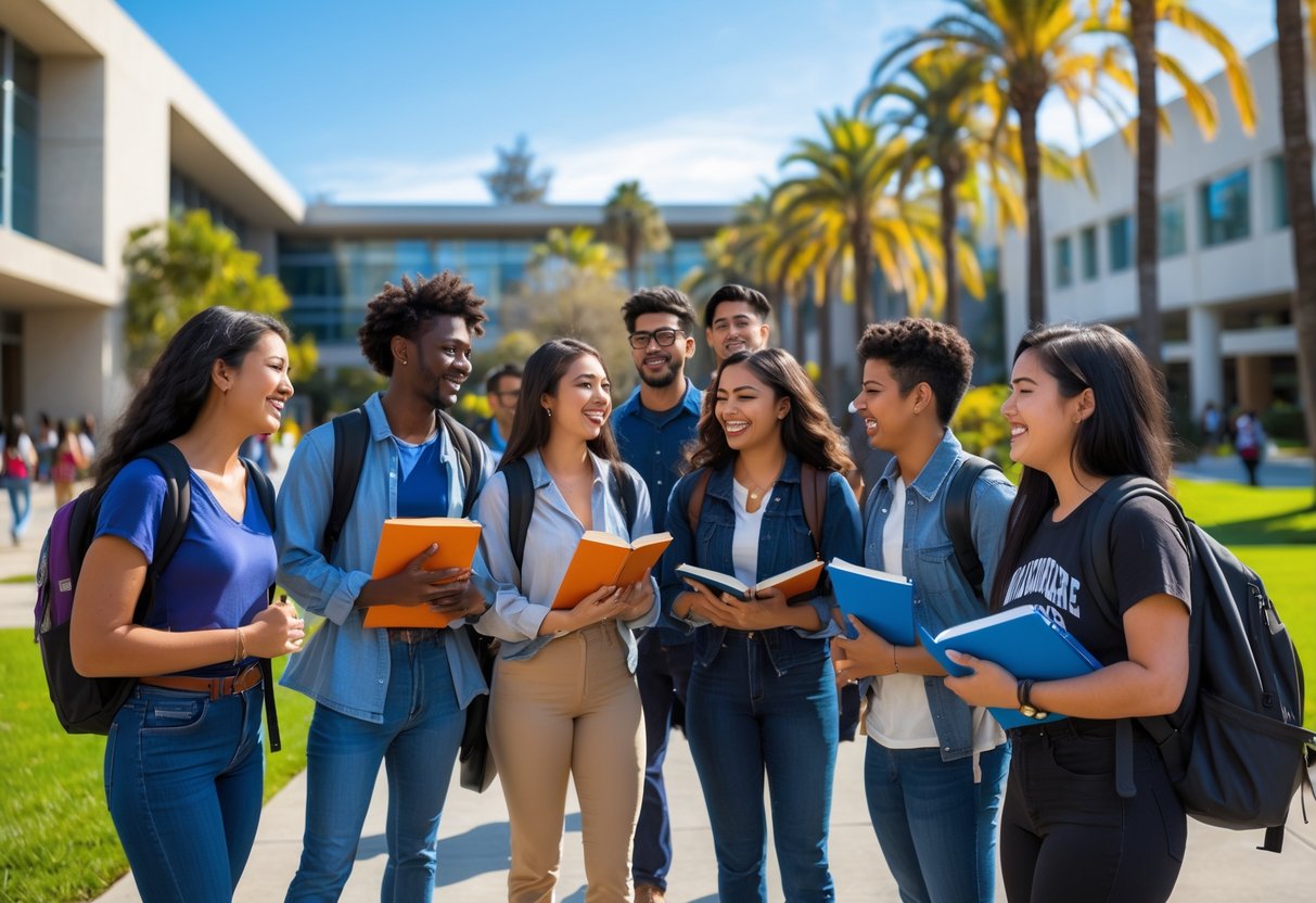 A diverse group of university students smiling and talking together outdoors on a sunny university campus.