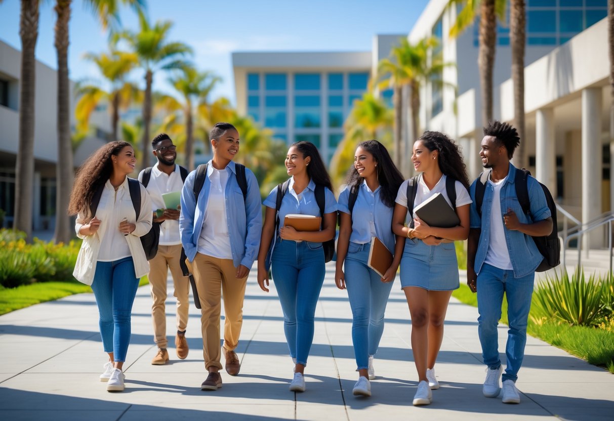 A group of diverse university students walking and talking on a sunny university campus with modern buildings and palm trees.