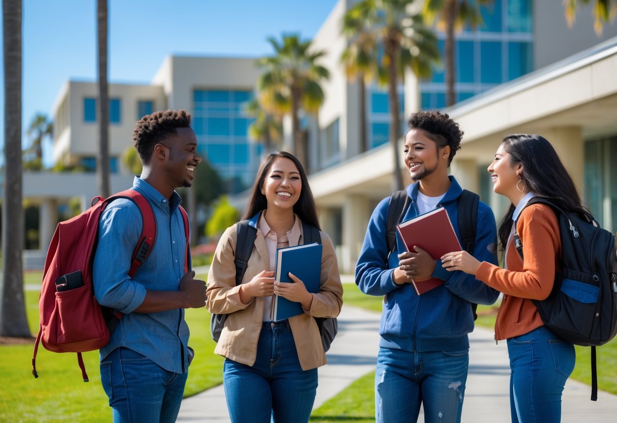 A diverse group of university students smiling and talking outdoors on a sunny campus with modern buildings and palm trees.