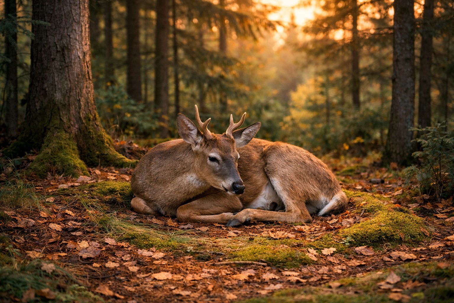 A deer resting quietly on the forest floor surrounded by trees and soft light.