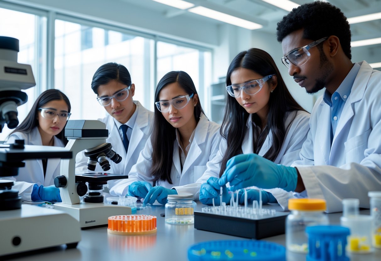 A diverse group of graduate students working together in a bright university biology laboratory using scientific equipment.