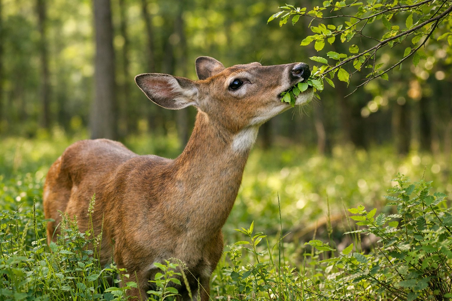 A deer eating green leaves from low branches in a forest setting.
