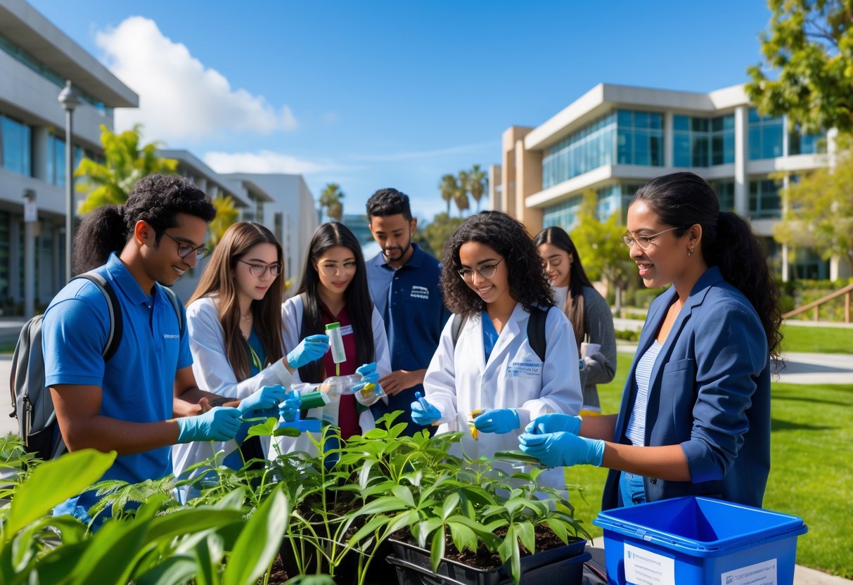 A group of diverse university students studying environmental science outdoors on a sunny campus with modern buildings and greenery.