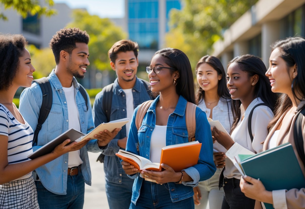 A group of diverse students studying together outdoors on a university campus with modern buildings and trees in the background.