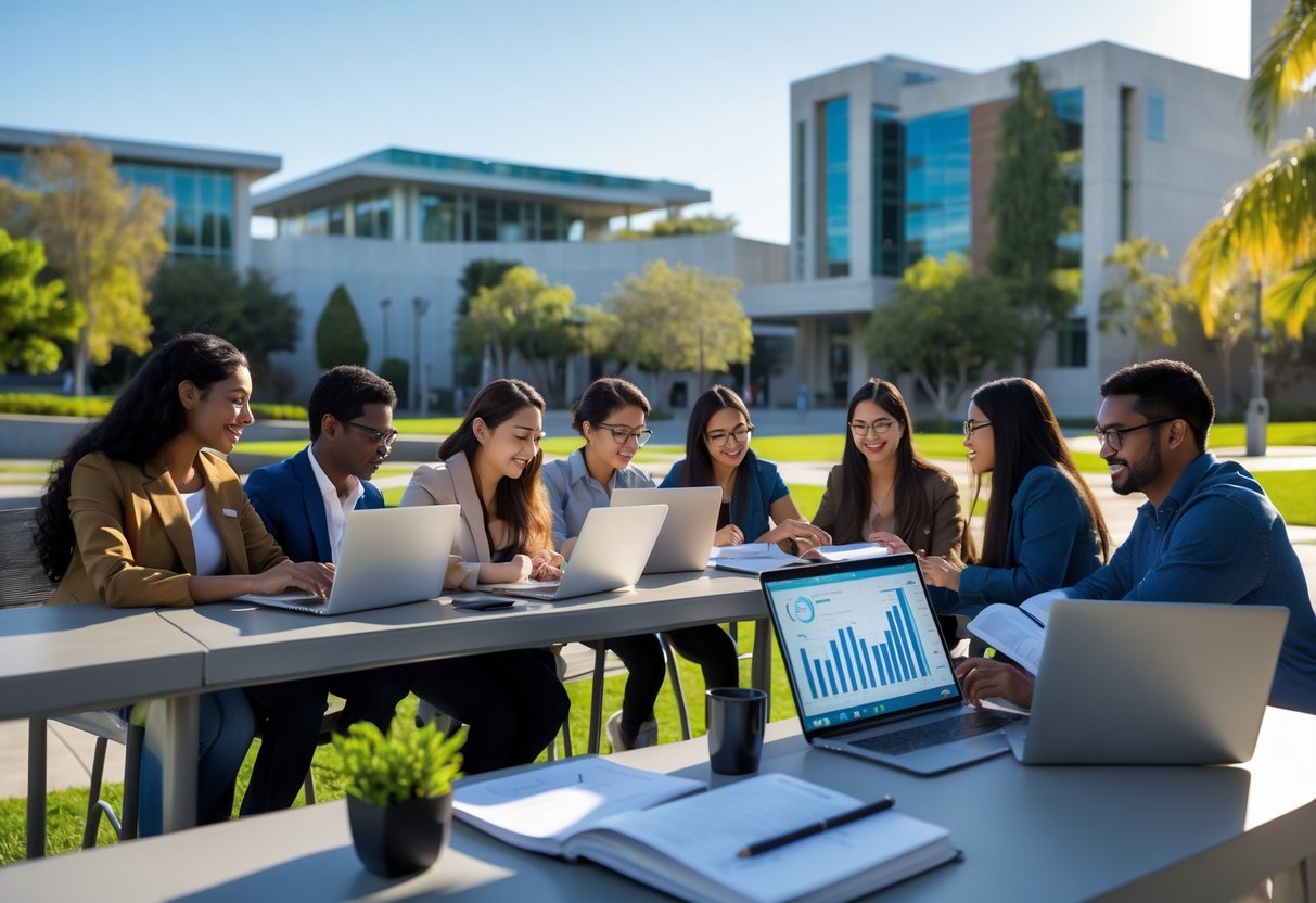 A diverse group of graduate students studying together outdoors on a university campus with laptops and notebooks.