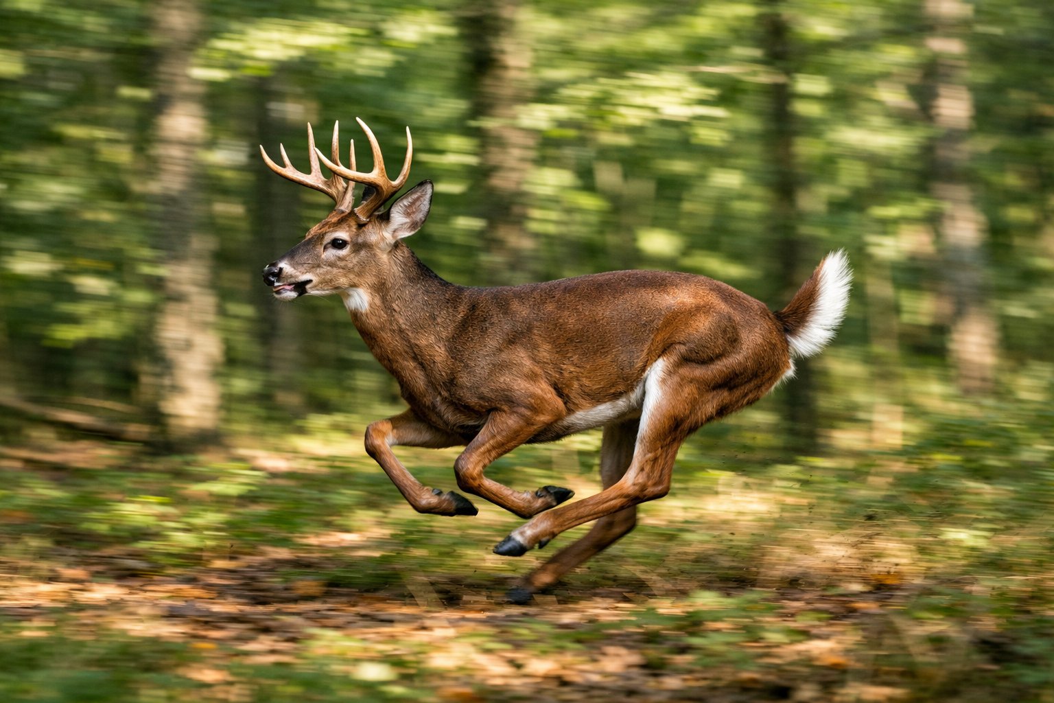 A deer running swiftly through a green forest with sunlight filtering through the trees.