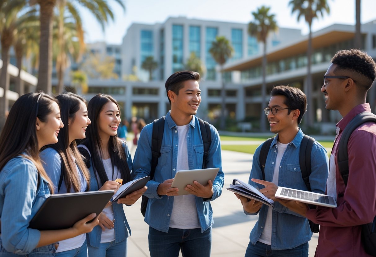 A diverse group of university students discussing together outdoors on a sunny campus with modern buildings and palm trees in the background.
