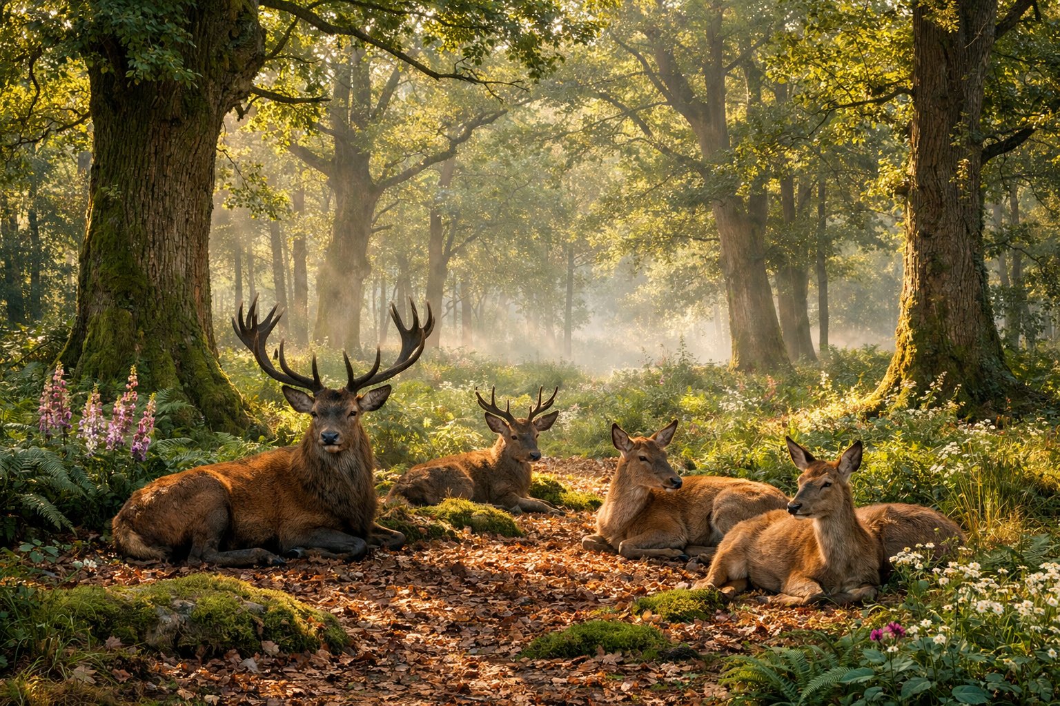 A group of red deer resting quietly on the forest floor beneath tall trees in a misty woodland.