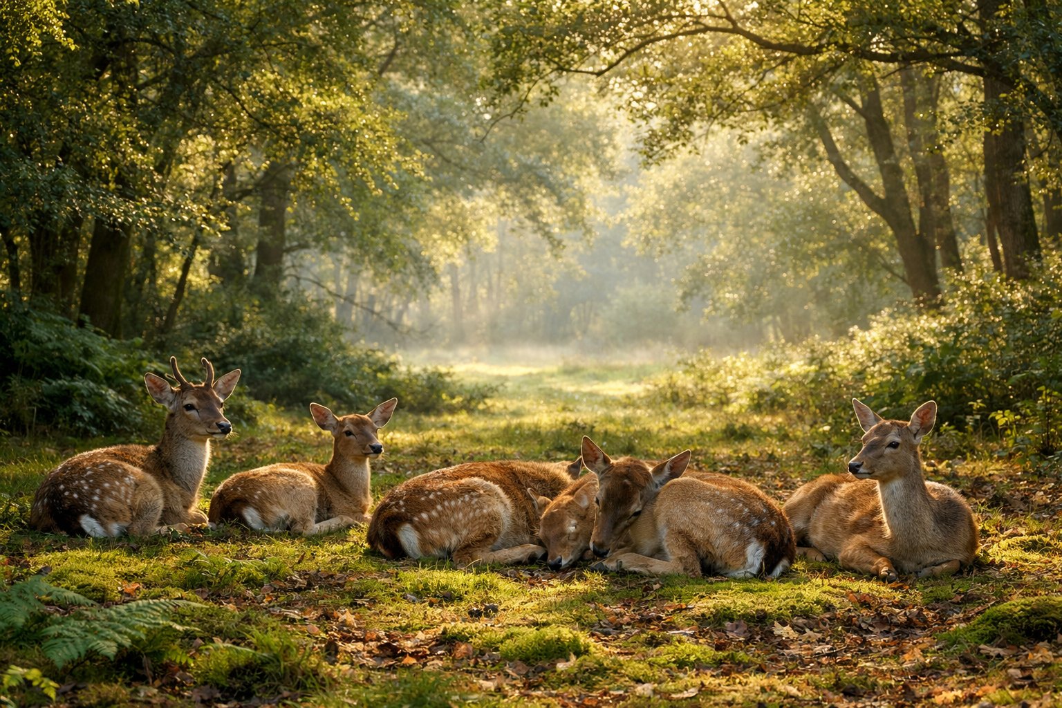 A group of deer resting quietly in a peaceful forest clearing surrounded by green trees and soft sunlight.