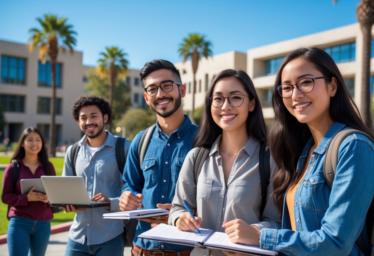A diverse group of undergraduate students studying together outdoors on a university campus with modern buildings and palm trees in the background.